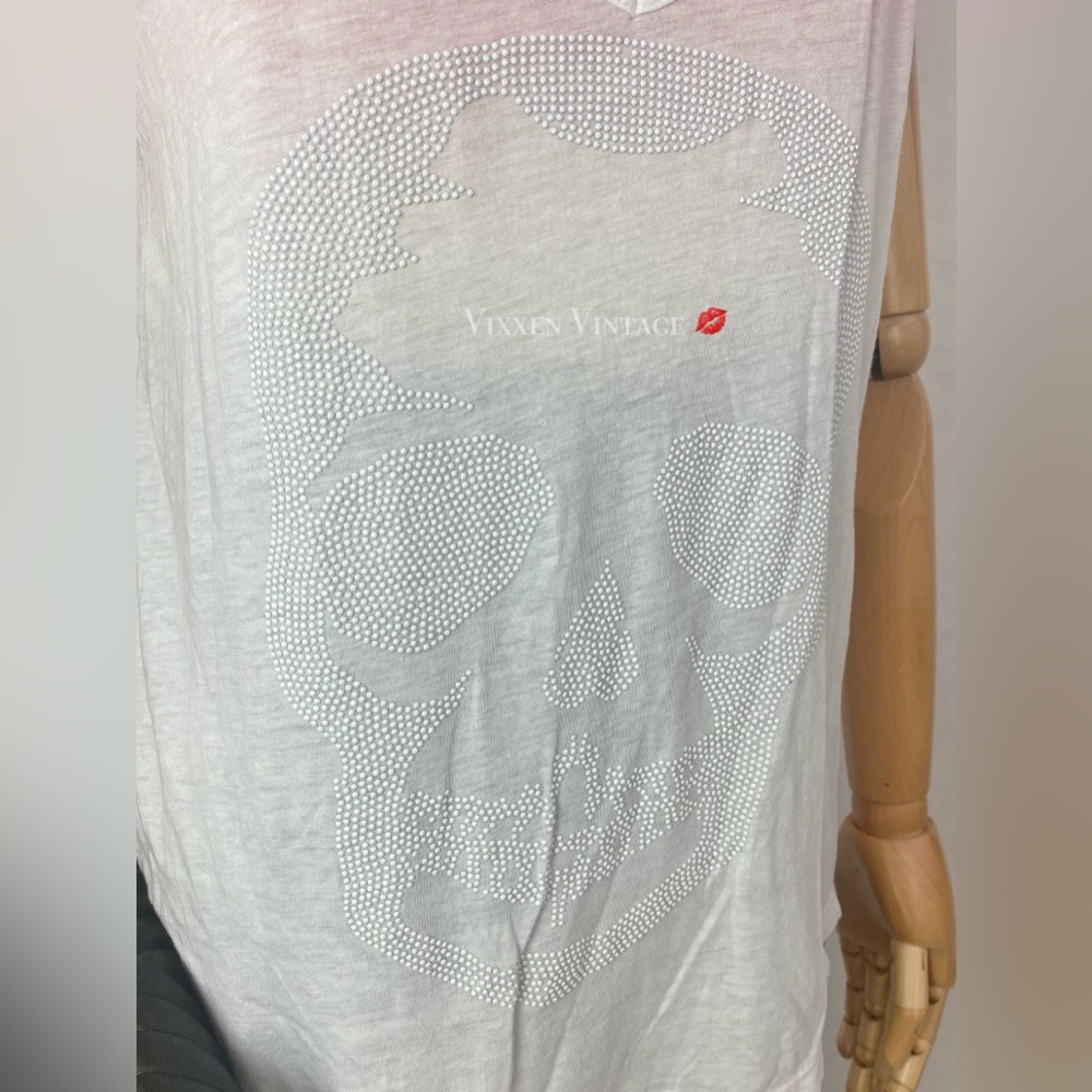 ZADIG & VOLTAIRE 'BROOKLYN STRASS' STUDDED SKULL MUSCLE TEE IN WHITE - Picture 4 of 5